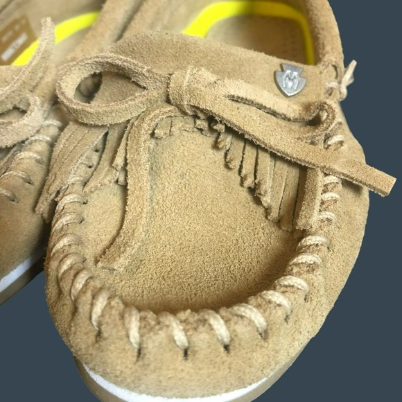 Minnetonka Light Brown Suede Moccasins Womens Sz 5 Fringe Boho - Picture 1 of 6